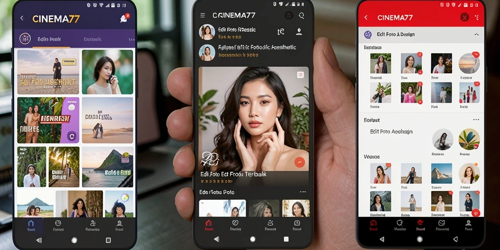 Antarmuka CINEMA77 dengan fitur editing foto aesthetic yang menarik.