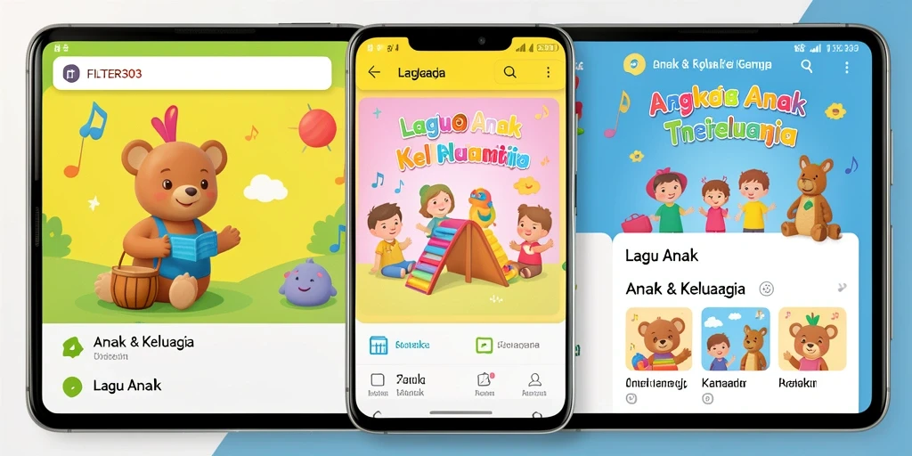 Antarmuka aplikasi FILTER303 dengan lagu anak yang menarik.