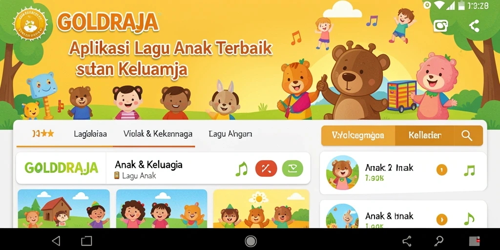 Tampilan antarmuka GOLDRAJA dengan lagu-lagu anak yang seru.