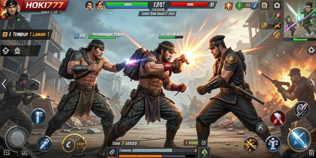 Screenshot antarmuka HOKI777 dengan pertarungan Tempur 1 Lawan 1 yang intens.