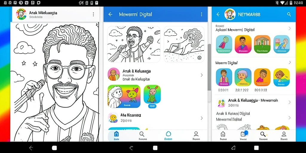 Tampilan antarmuka aplikasi Mewarnai Digital NEYMAR88 yang ceria dan interaktif.